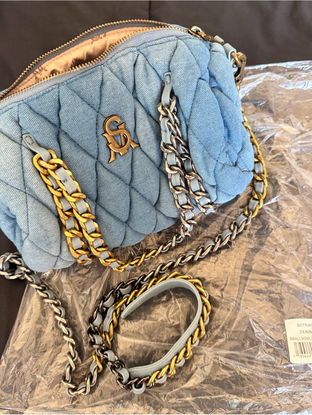 Steve Madden Light Blue Small Quilted Denim Shoulder Bag with Mixed Chains